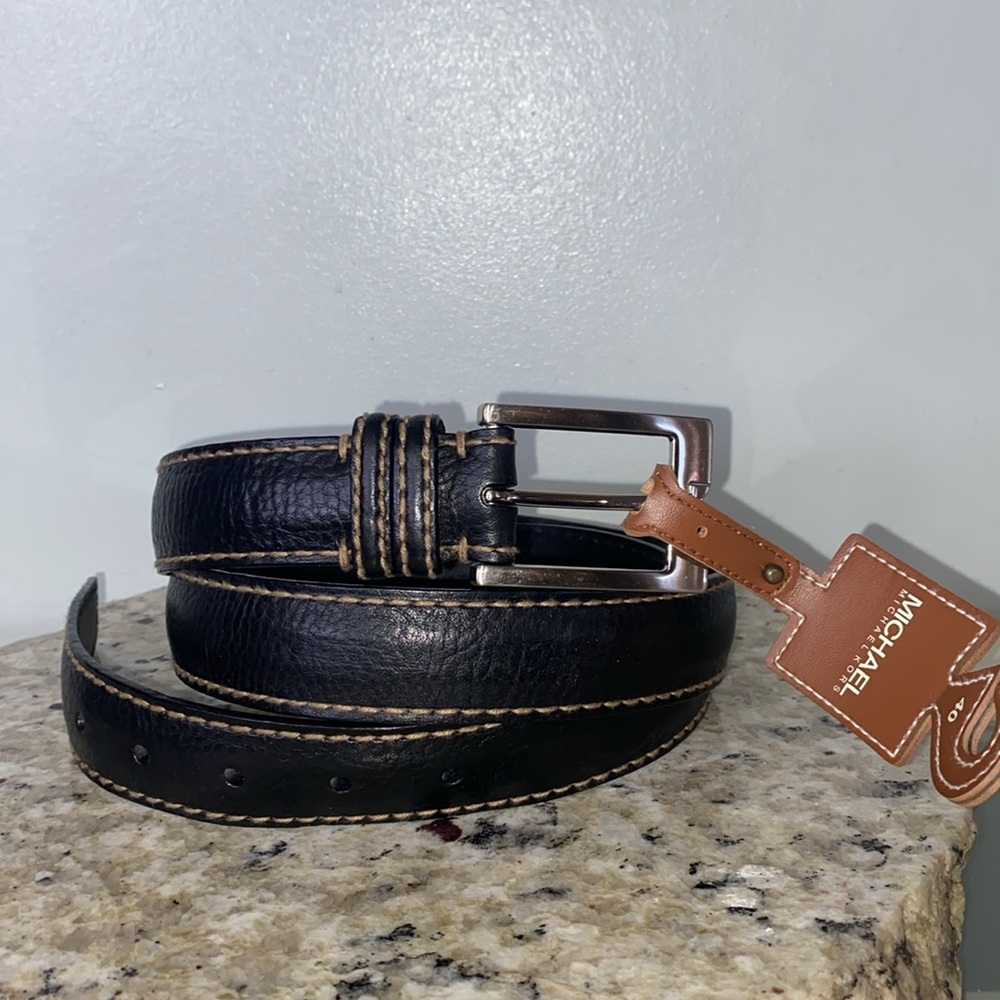 MICHAEL Michael Kors Black Italian Leather Mens Belt Stitching Detail 40 NWT